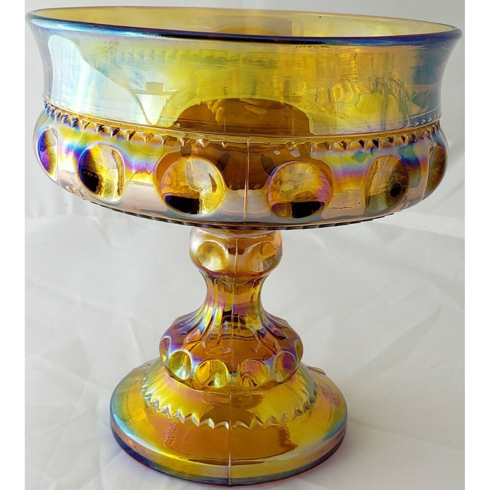 Vintage Amber Carnival Glass King Crown Iridescent Thumbprint Compote Candy Dish